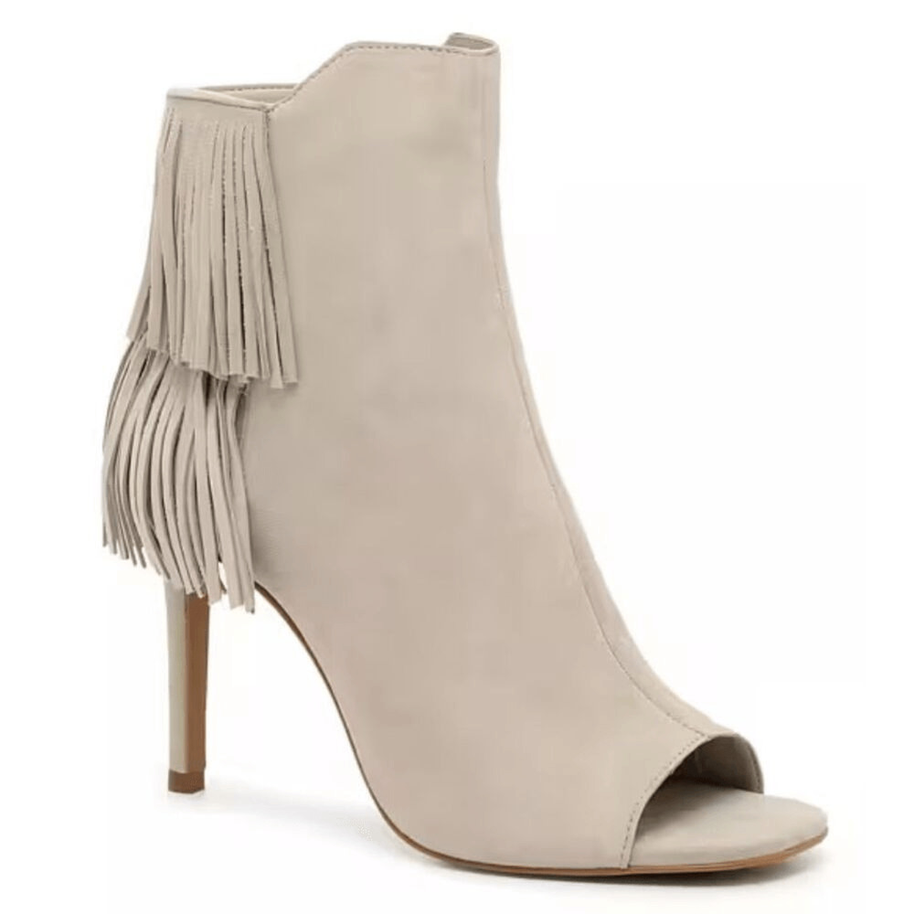 Vince Camuto Booties Size 5 Tan Suede Fringe Stiletto Heels Peep‎ Toe